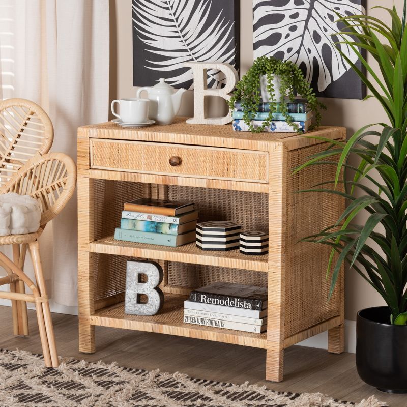 Bella Natural Brown Mahogany Wood and Rattan 1-Drawer Console Table