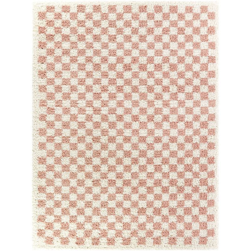 Pink and White Checkered Square Shag Kids' Rug