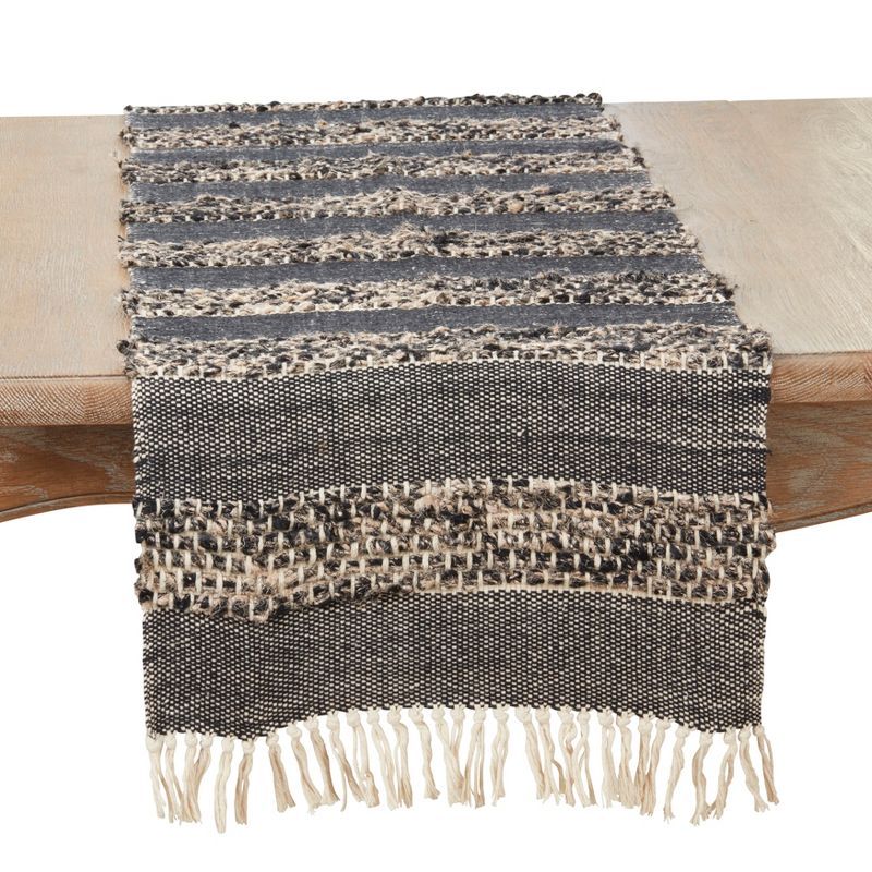 Black and Beige Cotton Tassel Trimmed Striped Table Runner