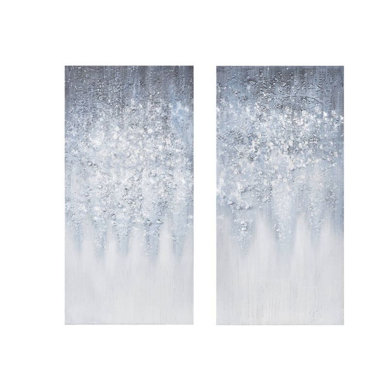 Winter Glaze Blue and White Abstract Embellished Canvas Art 15"x30"