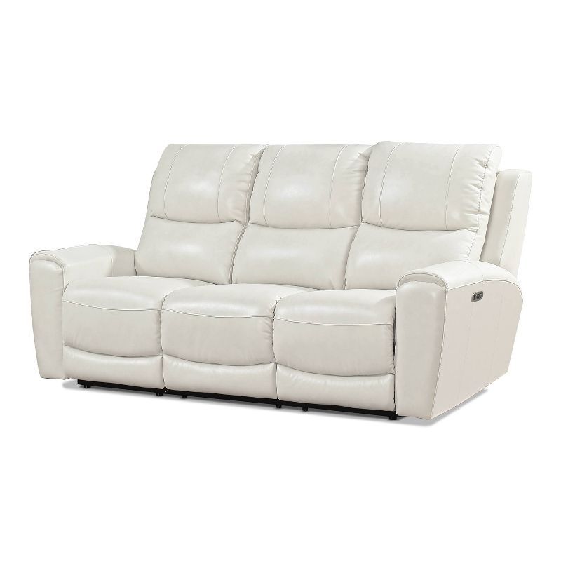 Ivory Faux Leather Reclining Sofa with Cup Holder and Wood Frame