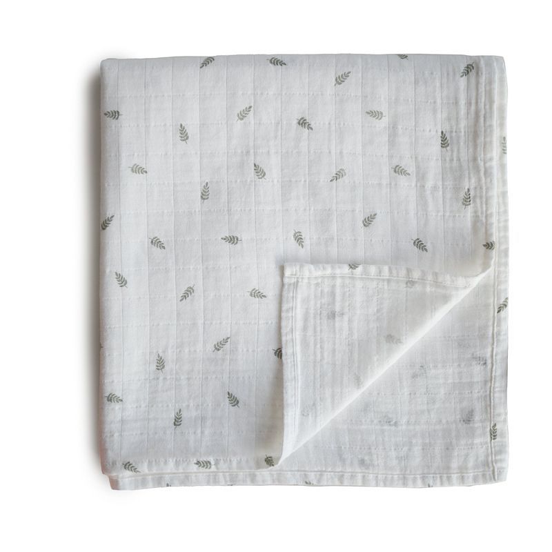 Organic Cotton Muslin Baby Swaddle Blanket in White with Leaf Pattern