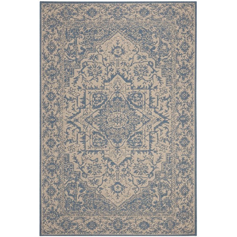 Cream and Blue Round Stain-Resistant Synthetic Rug