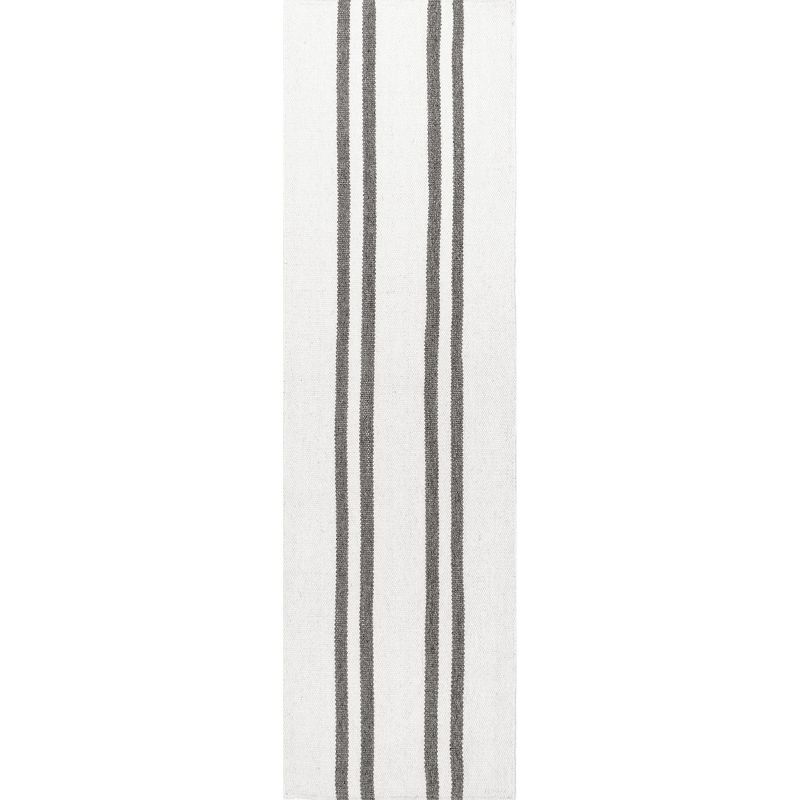 Ivory and Gray Wool Flatwoven Striped Runner Rug, 2' x 8'