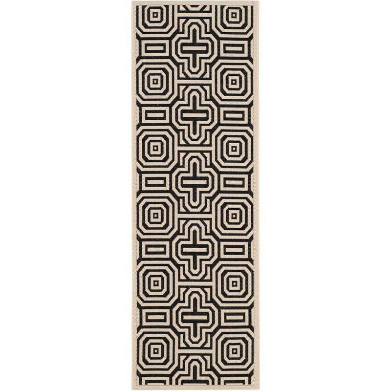 Beige and Black Geometric Flat Woven Outdoor Runner