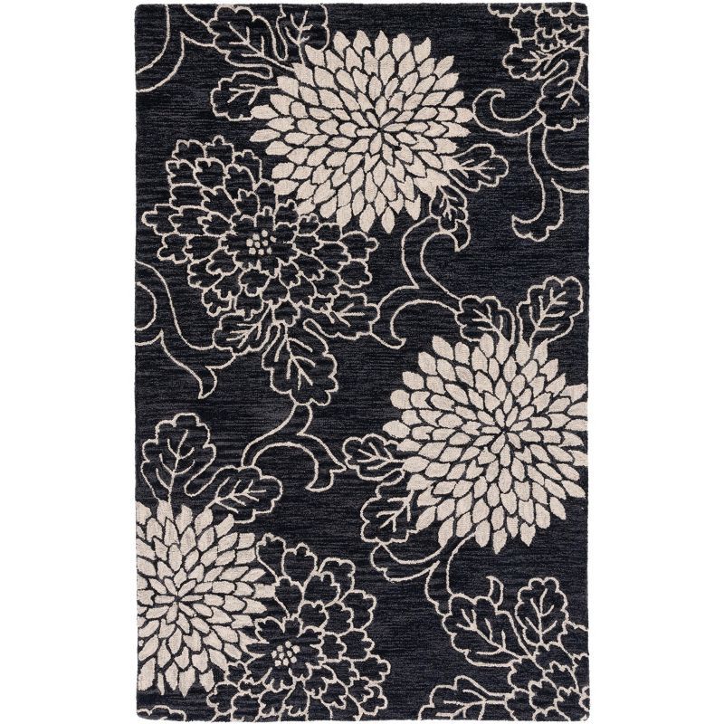 Handmade Black and Ivory Floral Wool Area Rug 3' x 5'