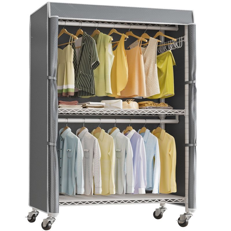 Heavy Duty White Rolling Garment Rack with Grey Cover