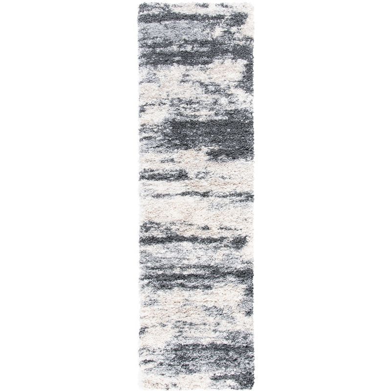 Ivory and Gray Abstract Shag Runner Rug