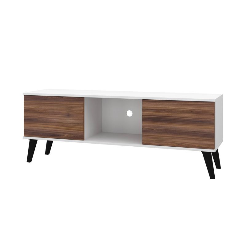 Mid-Century Modern White and Nut Brown TV Stand with Cabinet