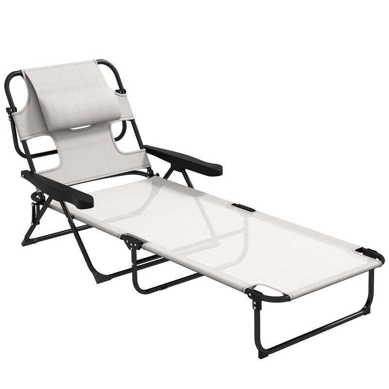 Cream White Mesh Fabric Reclining Outdoor Chaise Lounge Chair with Arms