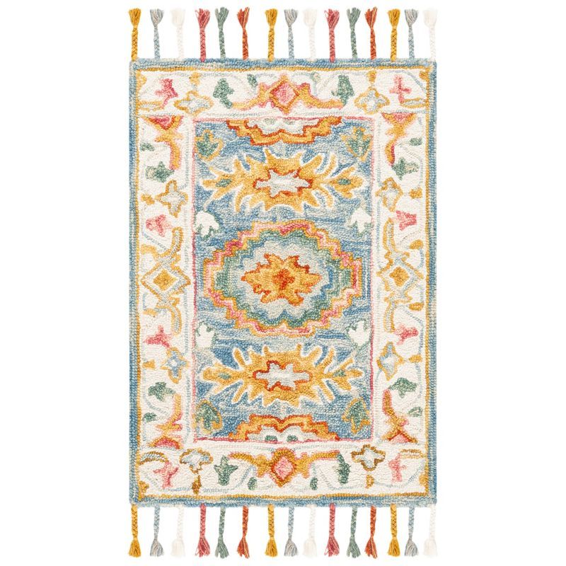 Blue and Ivory Handmade Wool Floral Area Rug