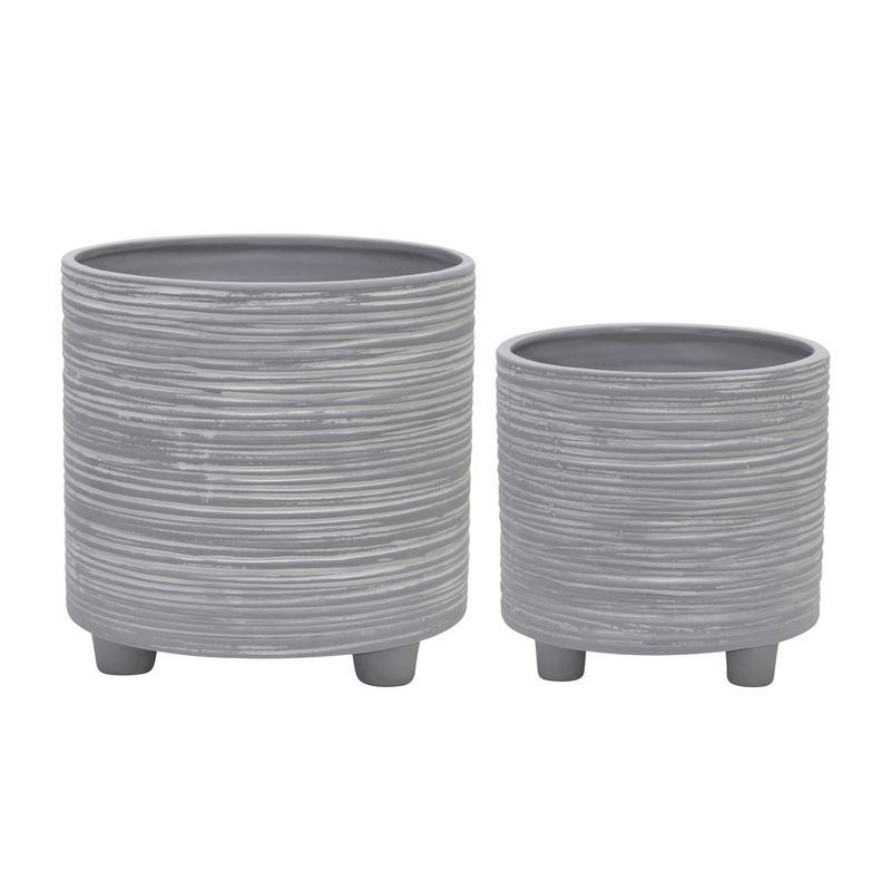 Gray Ceramic Footed Planter Set with Line Pattern, 8"