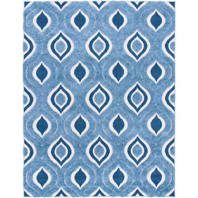 Ivory and Blue Geometric Shag Synthetic Area Rug