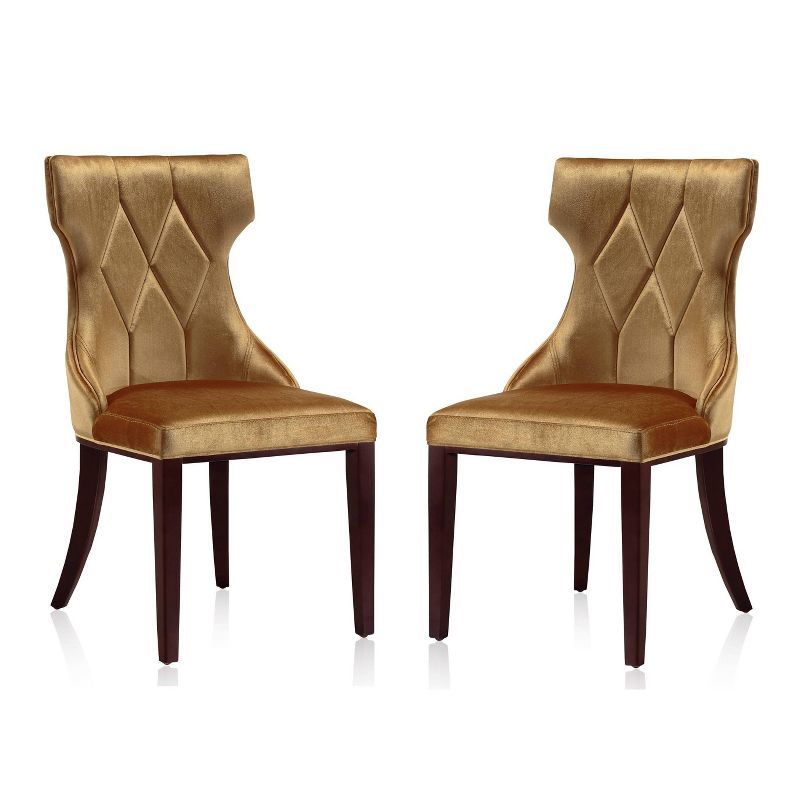 Antique Gold and Walnut Velvet Wingback Dining Chair Pair