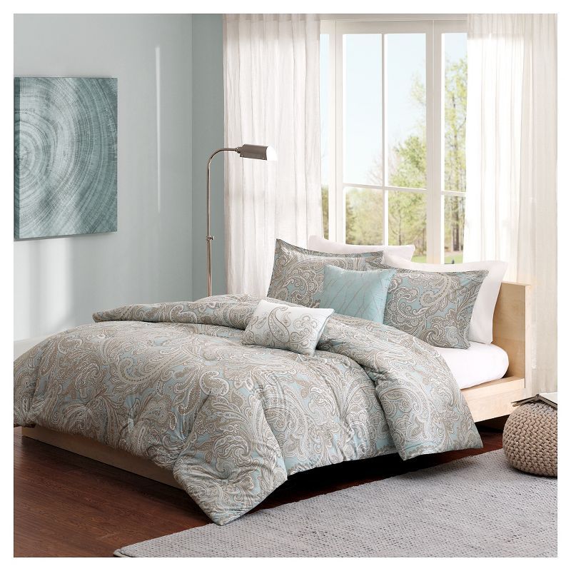 Organic Blue Cotton Full Bedspread Set with Gathered Embellishment