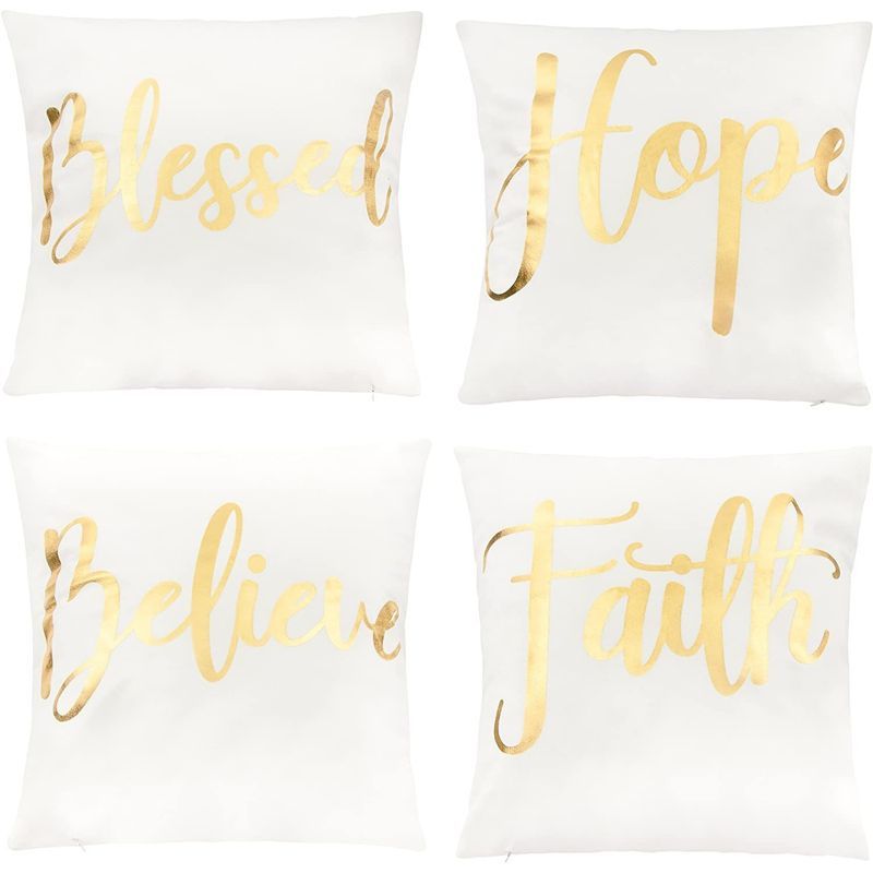 White and Gold Inspirational Polyester Throw Pillow Covers, 18 x 18 in, Set of 4