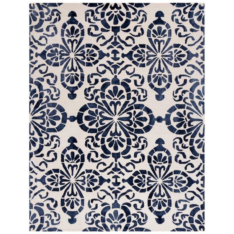 Ivory and Navy Hand-Tufted Wool Floral Area Rug