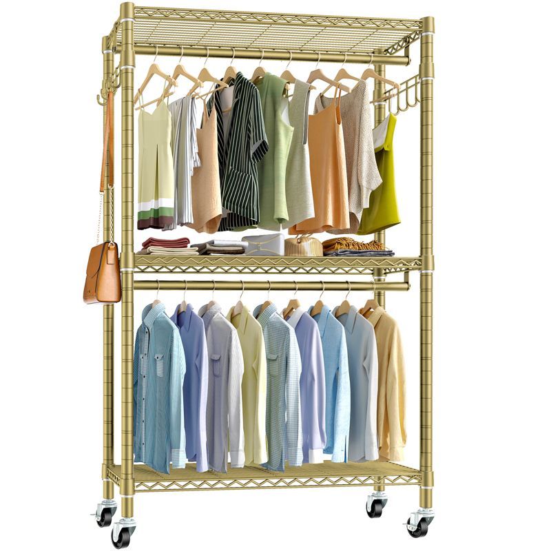 Gold Heavy Duty 3-Tier Rolling Garment Rack with Adjustable Shelves