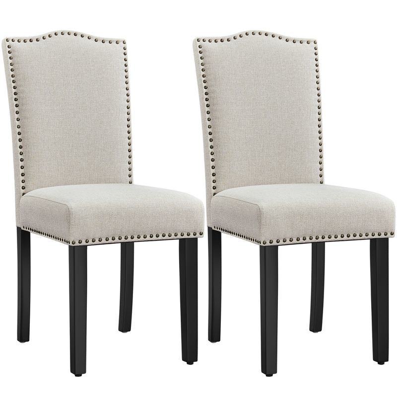 Beige Upholstered Dining Chairs with Nailhead Trim, Set of 2