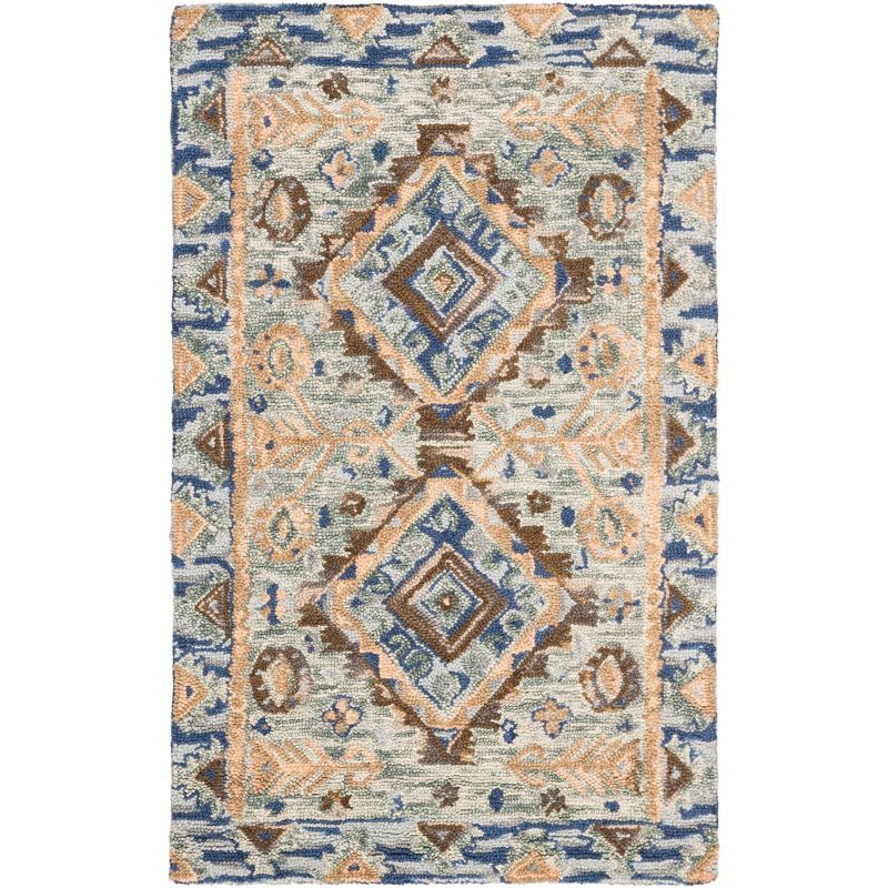 Handmade Tufted Floral Blue Wool Runner Rug 27" x 5"