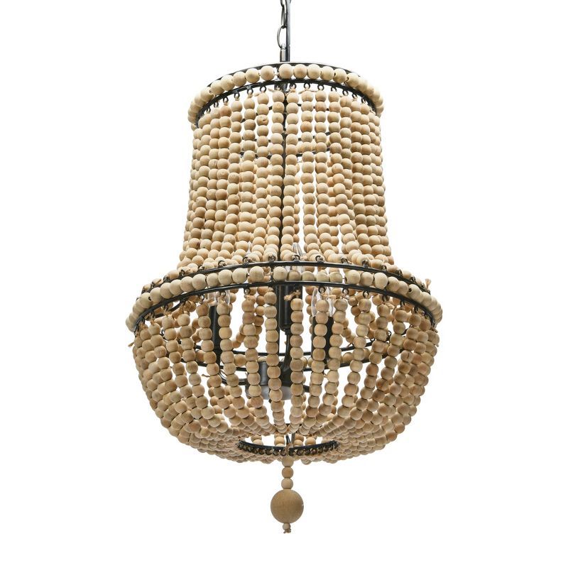 Natural Wood Bead Chandelier with Brushed Metal Frame