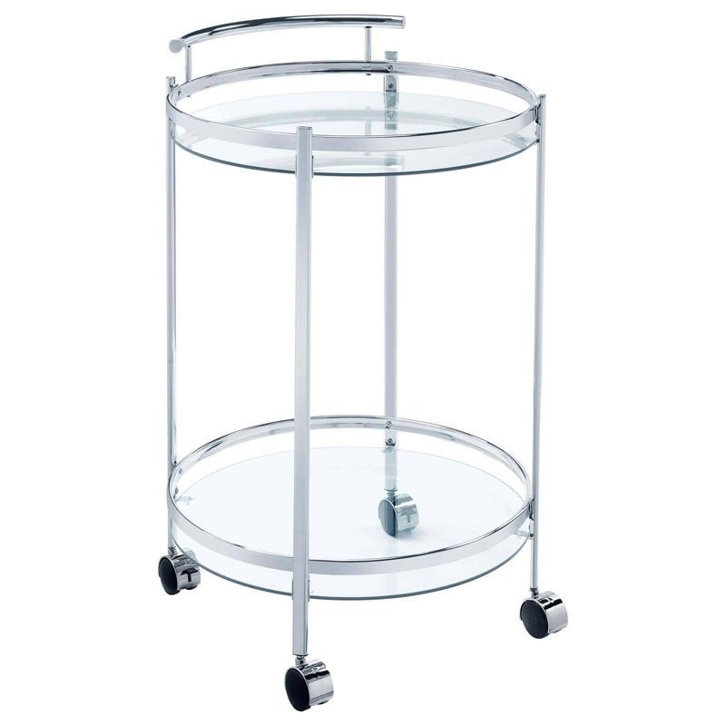 Modern Glam Silver Chrome Round Bar Cart with Tempered Glass Shelves