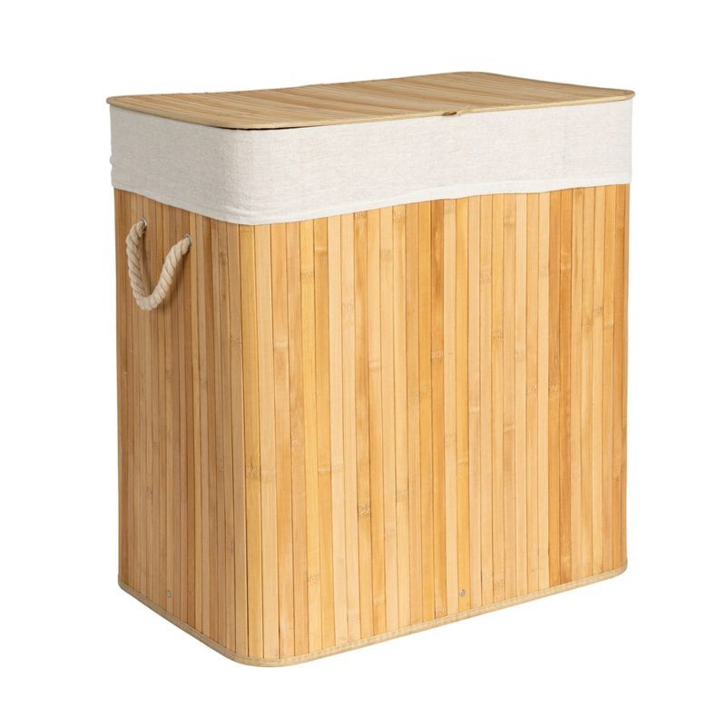 Natural Bamboo Double Laundry Hamper with Rope Handles and Lid