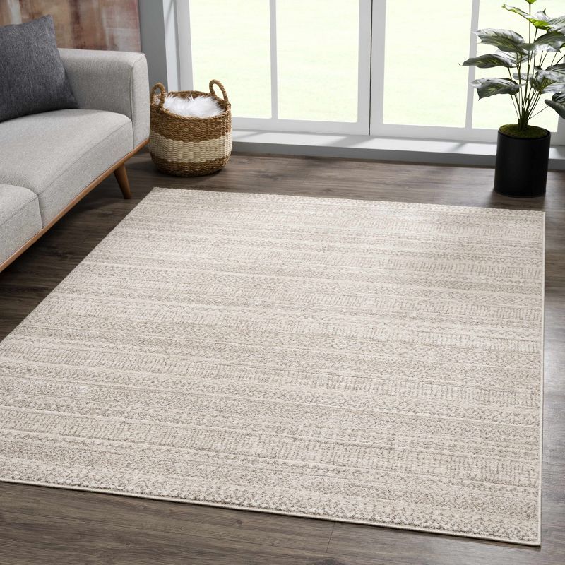 Ivory and Beige High Pile Polyester Rectangle Area Rug 5'3" x 7'