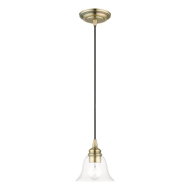 Transitional Hand-Blown Clear Glass Pendant in Antique Brass