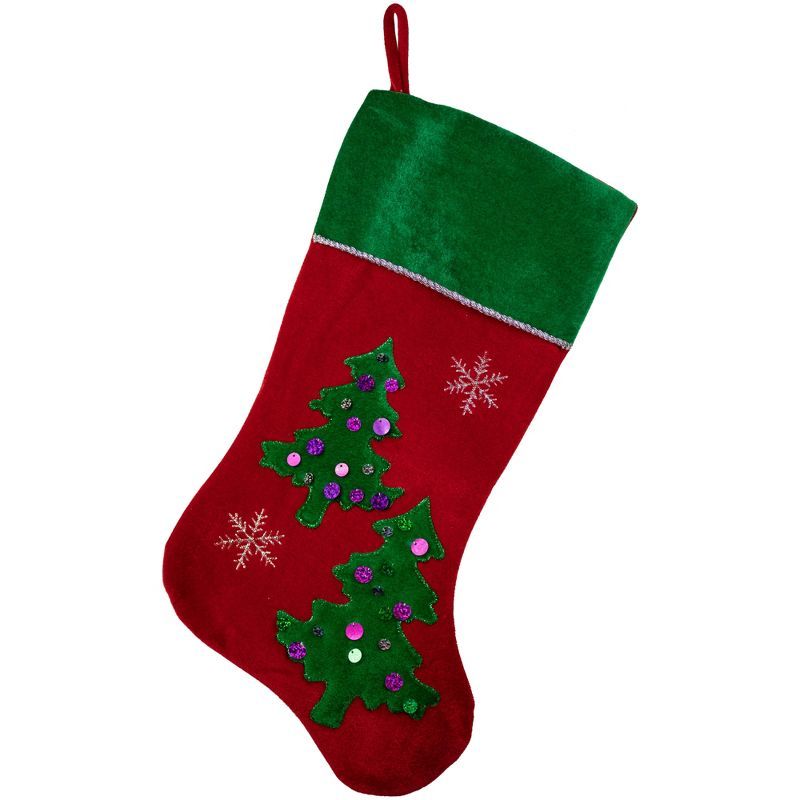 20" Red Velveteen Christmas Stocking with Green Cuff and Sequins