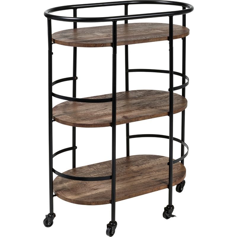 Rustic Brown and Black 3-Tier Oval Bar Cart with Storage