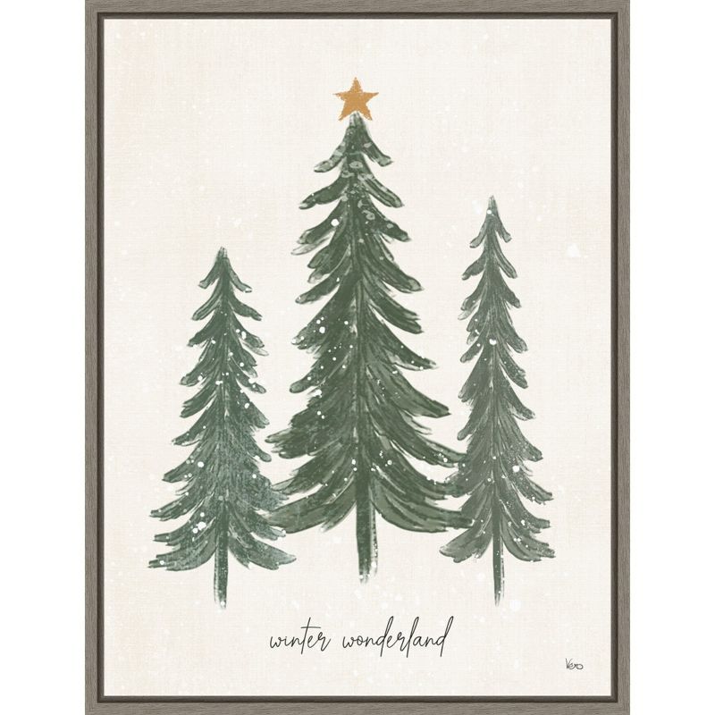 Winter Wonderland Green Christmas Trees Canvas Print with Grey Frame