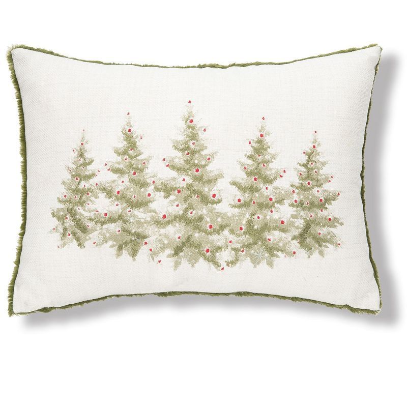 Winter Trees Embellished Green and White Throw Pillow