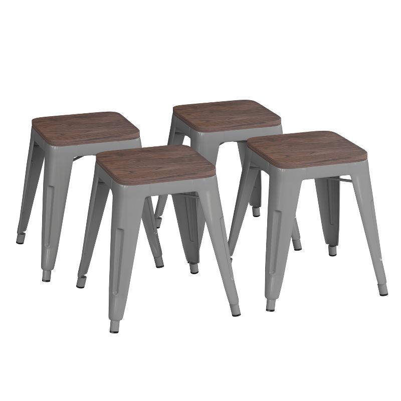 18" Backless Silver Metal Stool with Wooden Seat - Set of 4