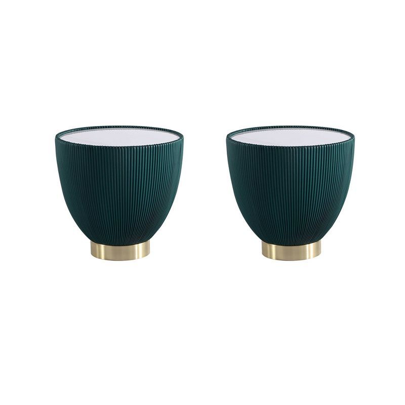 Green Faux Marble Round End Tables with Gold Metal Base, Set of 2