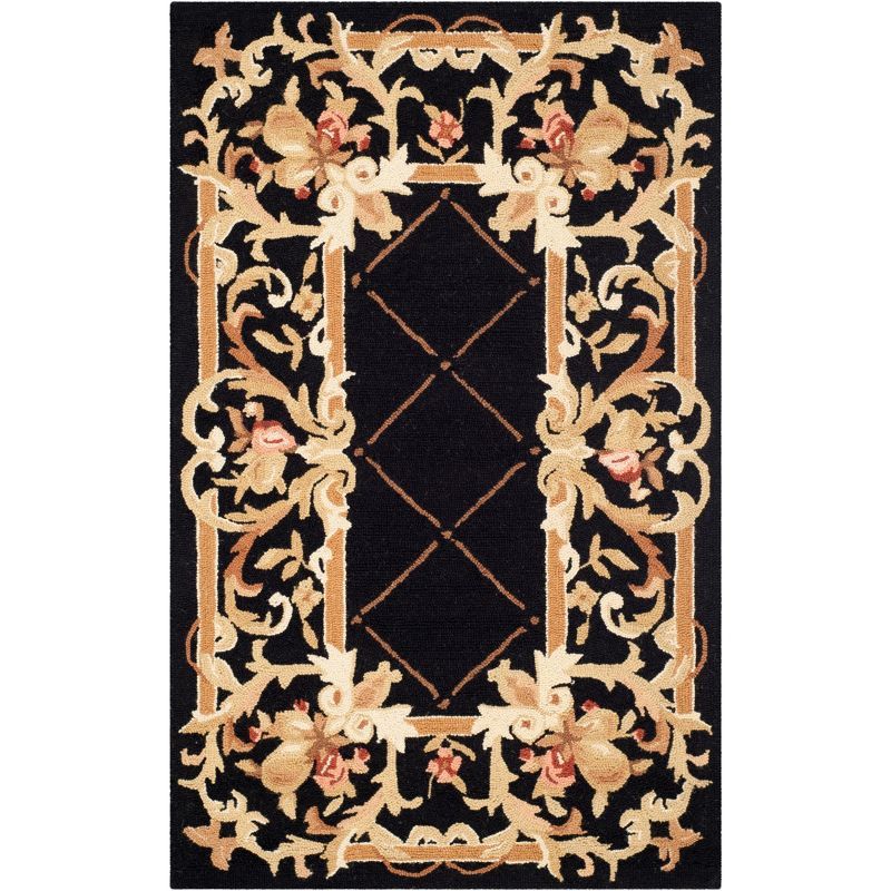 Black Floral Hand-Hooked Wool Runner Rug