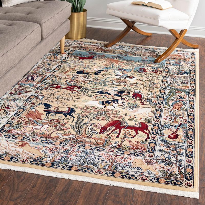 Tan and Blue Synthetic Low Pile Rectangular Area Rug