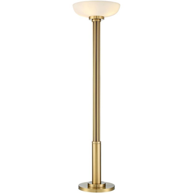 Antique Brass Gold Metal Torchiere Floor Lamp with Frosted Glass Shade