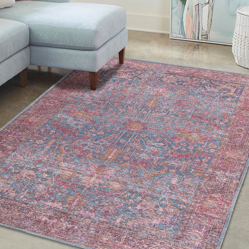 Mangata Blue and Pink Rectangular Washable Chenille Rug