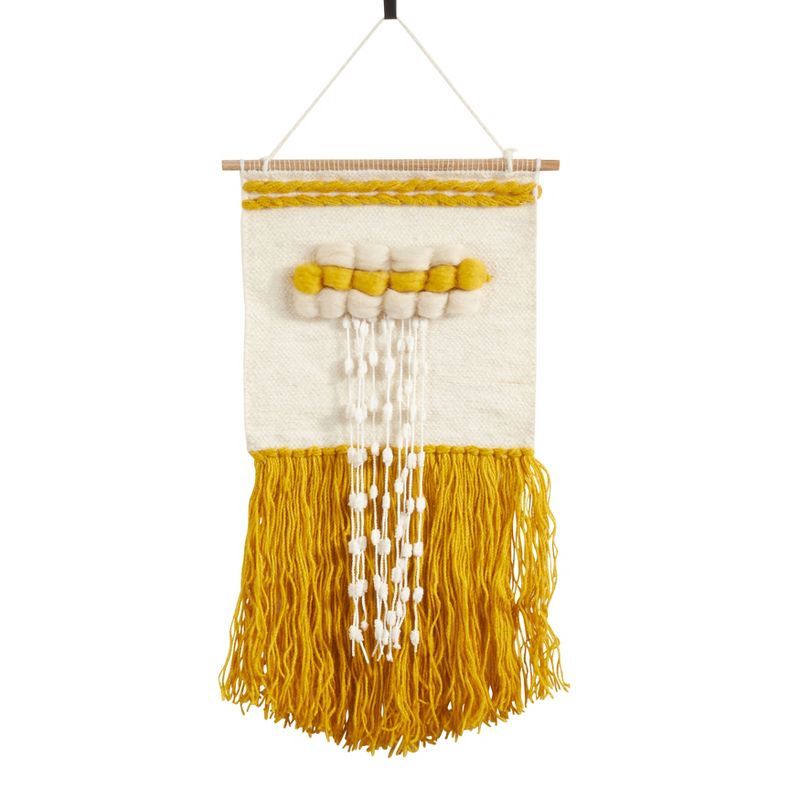 Yellow and White Braided Woven Wall Hanging with Fringe