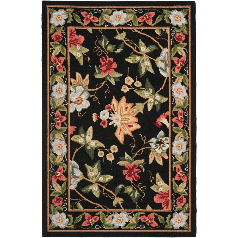 Handmade Black Floral Wool Accent Rug 2'6" x 4'