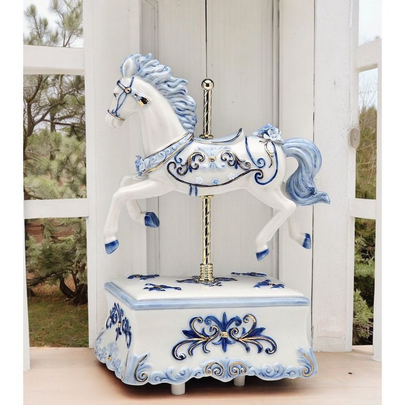 Hand-Painted Blue and White Porcelain Carousel Horse Music Box