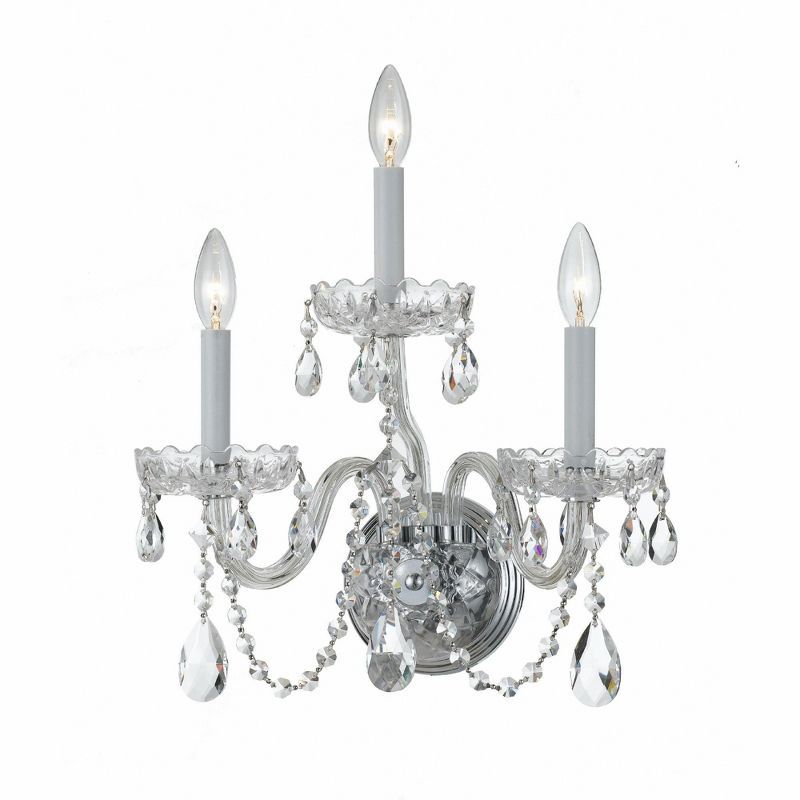 Elegant Polished Chrome 3-Light Wall Sconce with Clear Hand Cut Crystals