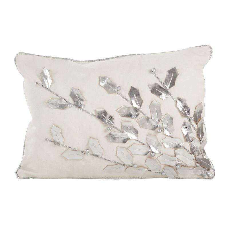 Soft Silver Poinsettia Branch Cotton Lumbar Throw Pillow