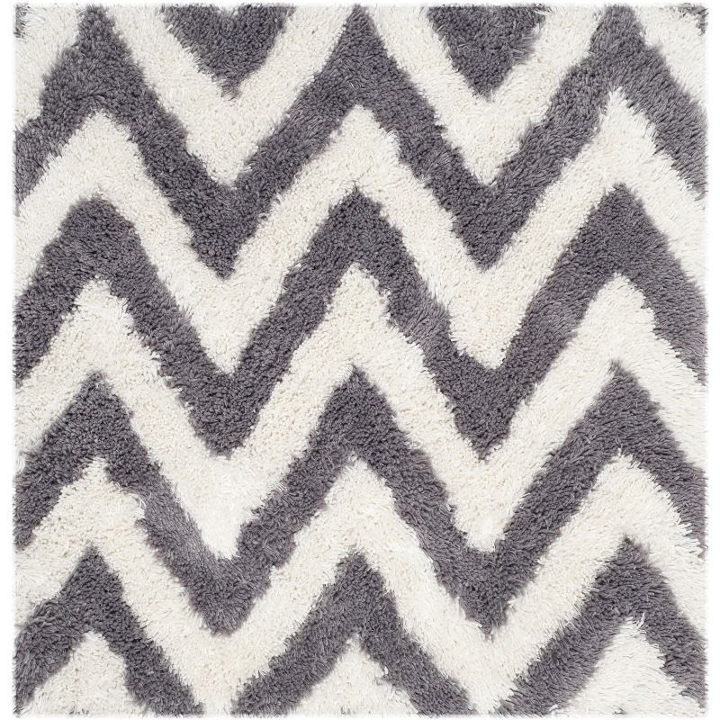 Ivory and Grey Chevron Hand-Tufted Square Shag Rug