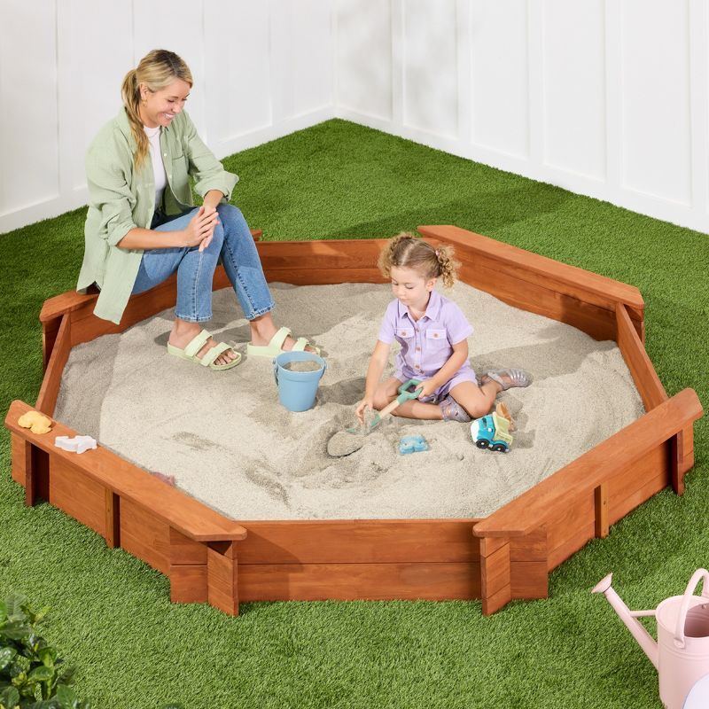 Large Brown Wooden Octagonal Sandbox with Benches and Cover