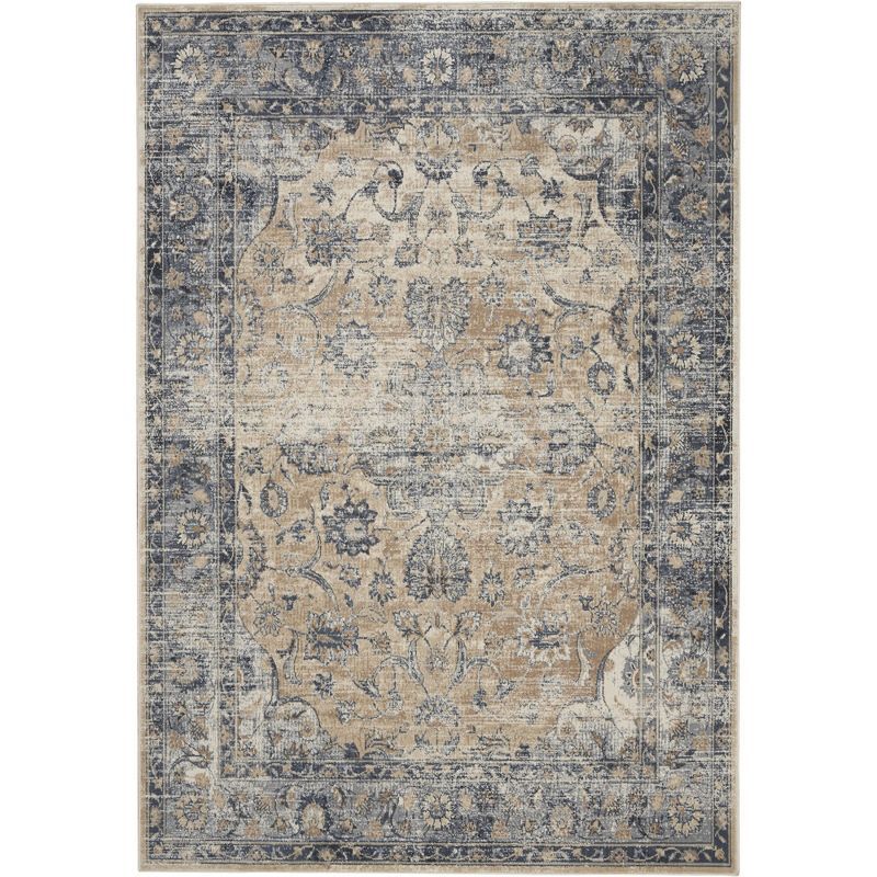 Ivory and Blue Rectangular Synthetic Area Rug 5' x 7'