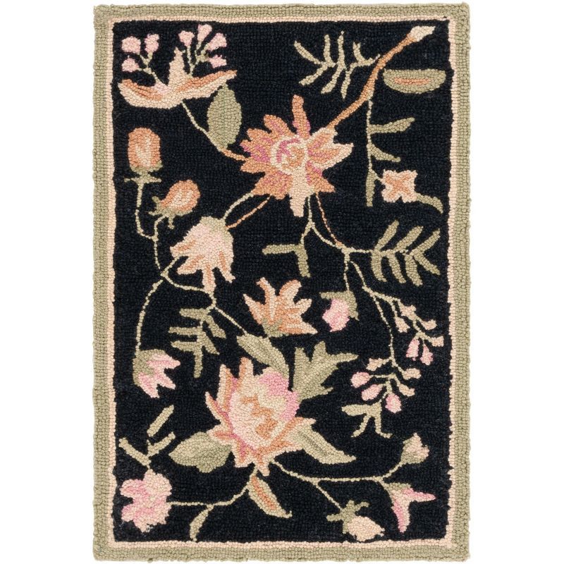 Handmade Black Floral Wool Accent Rug