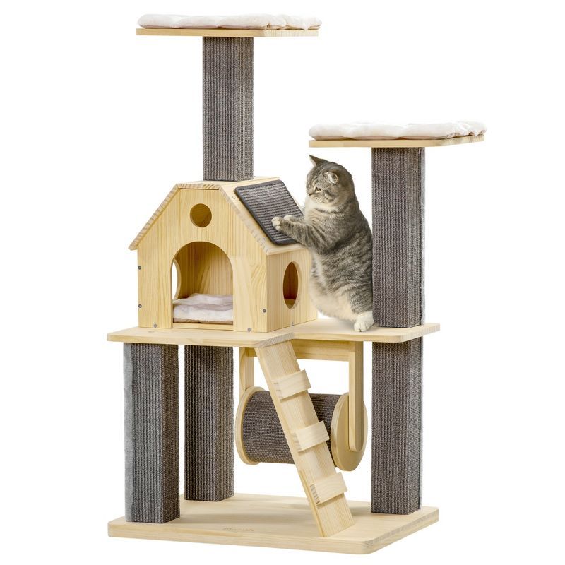 Natural Wooden Cat Tree with Sisal Scratching Posts and Cushions