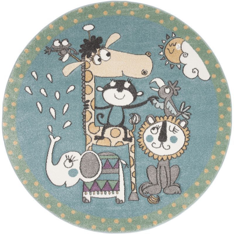 Ivory and Blue Round Kids' Animal Rug, 5'3" Synthetic